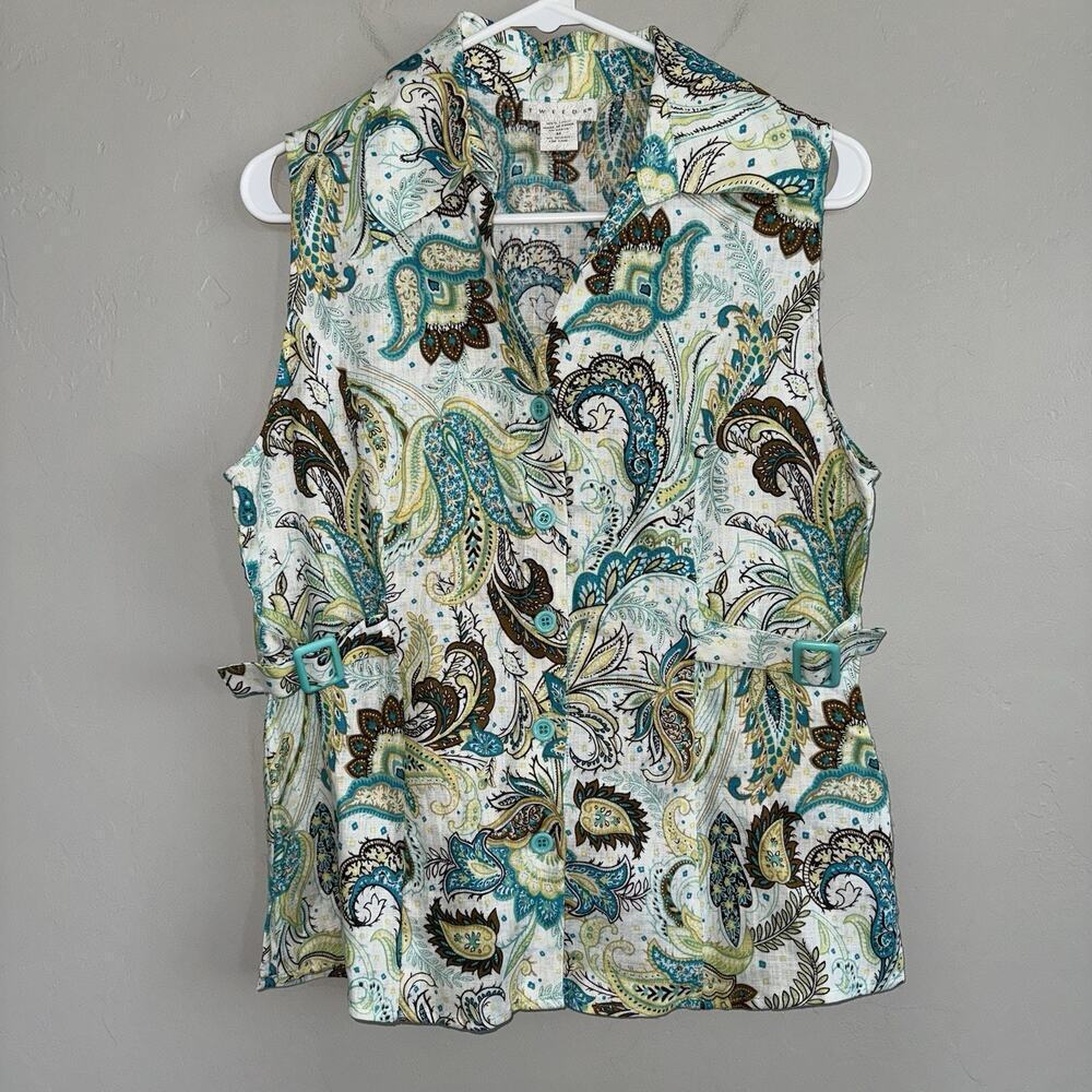 Tweeds Shirt Top Women's Medium Linen Floral Paisley Sleeveless Button Up